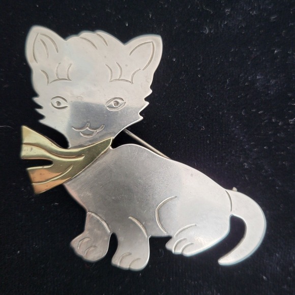 Sterling Silver 925 Cat Kitten Brooch & Pendant Pin Mixed Metal 2.25 Vtg Mexico